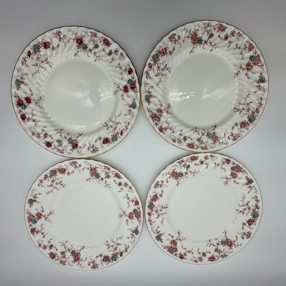 4 Minton Ancestral S-376 Bone China Dinner Plates Pink Teal Floral 10.5 in
